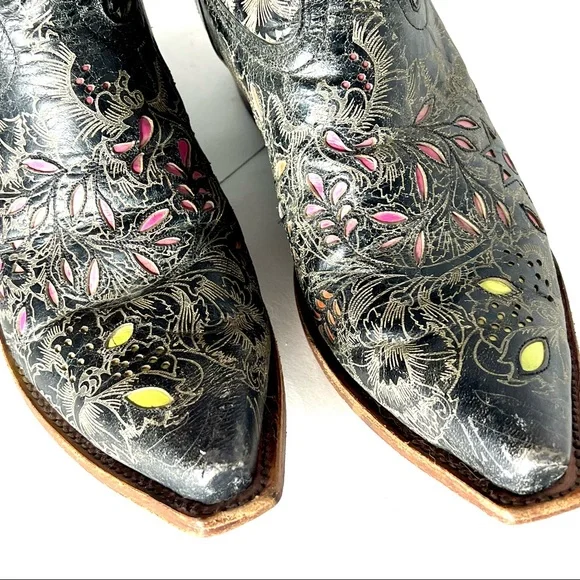 Johnny Ringo Cowboy Boots Genuine Leather Floral Overlay Black Pink Lime Yellow - Picture 10 of 12